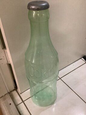 Vintage Coca-Cola Green Tint Plastic Giant 24" Tall Soda Bottle Bank, Used